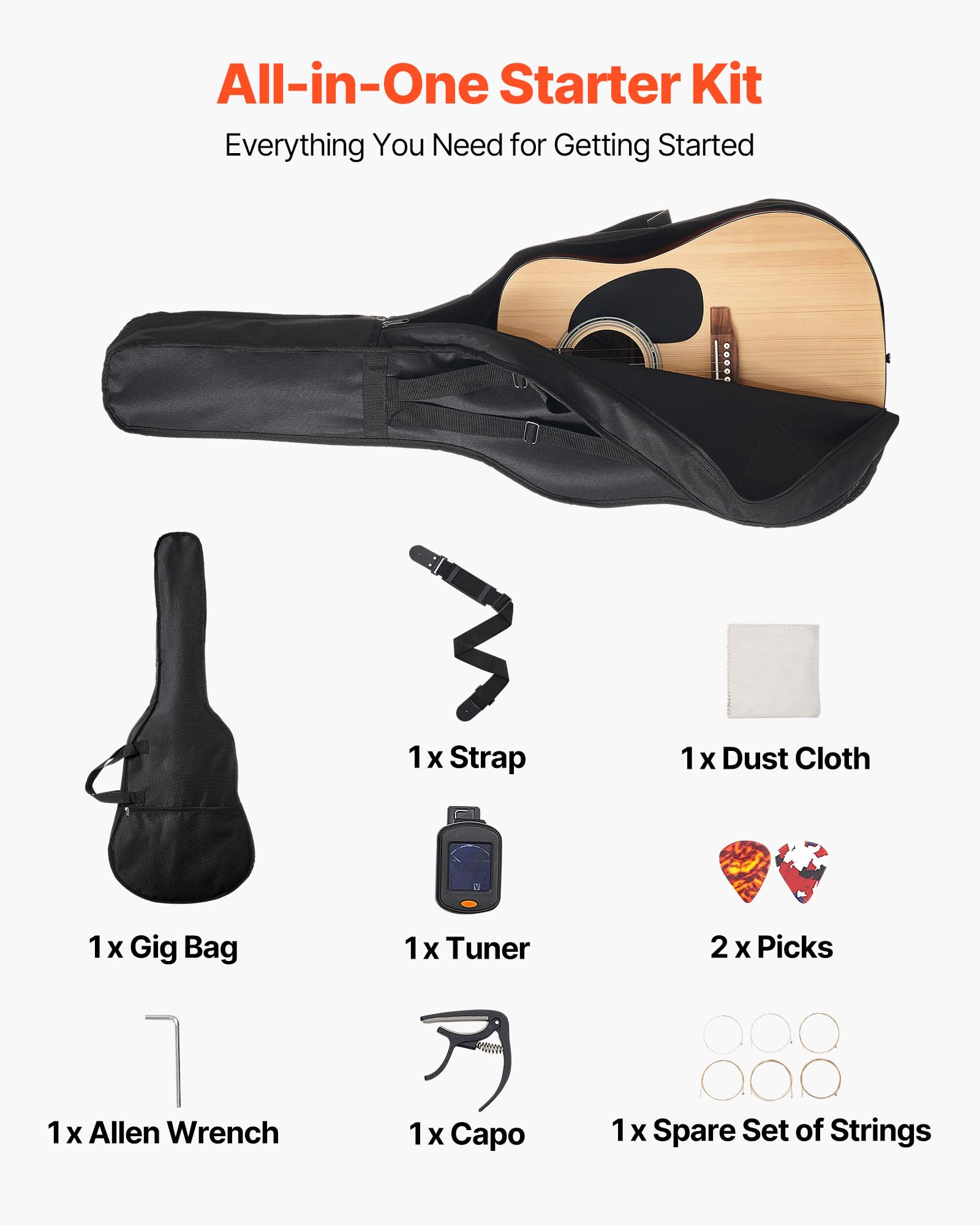 VEVOR Guitare Acoustique Dreadnought 6 Cordes, 103 cm, Table Épicéa Massif, Fond en Acajou, Touche en Palissandre, avec Housse, Accordeur, Sangle, Médiator, Capodastre, pour Adultes, Couleur Naturel