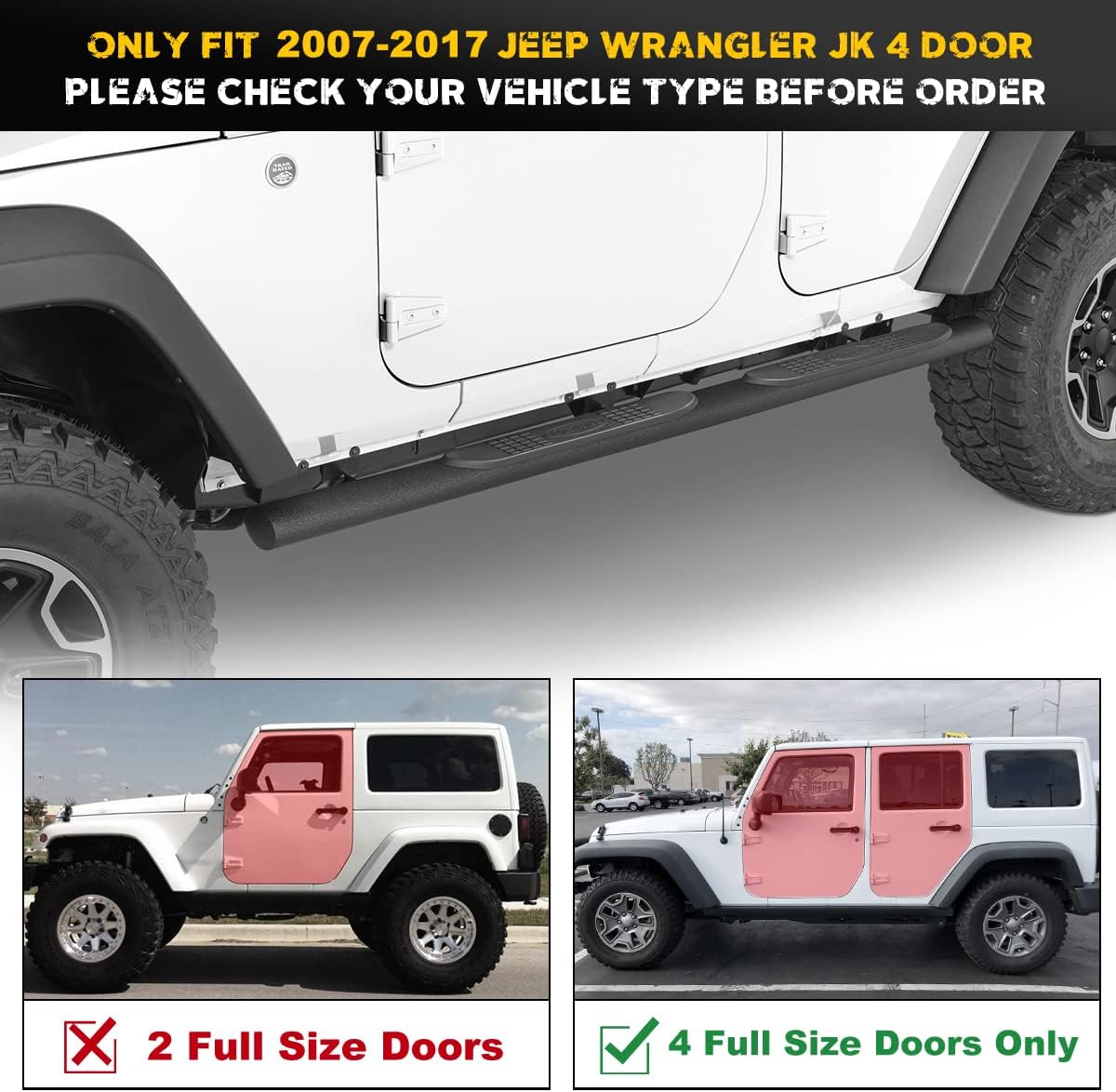 Running Boards Side Step Compatible with 2007-2018 Jeep Wrangler JK/JKU Unlimited 4 Doors, 5-inch Nerf Bars Side Rock Sliders Rail Step, Dual-Stage Textured Black Powder