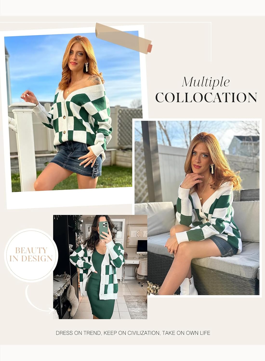 Dokotoo Womens Plaid V Neck Button Down Long Sleeve Cable Knit Oversized Cardigan Sweaters Tops - Image 5