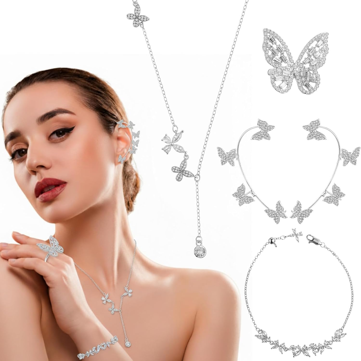 Landical 4 Pcs Butterfly Rhinestone Silver Jewelry Set Includes Necklace, Ear Clips, Bracelet and Ring with Zircon for Women - Image 2