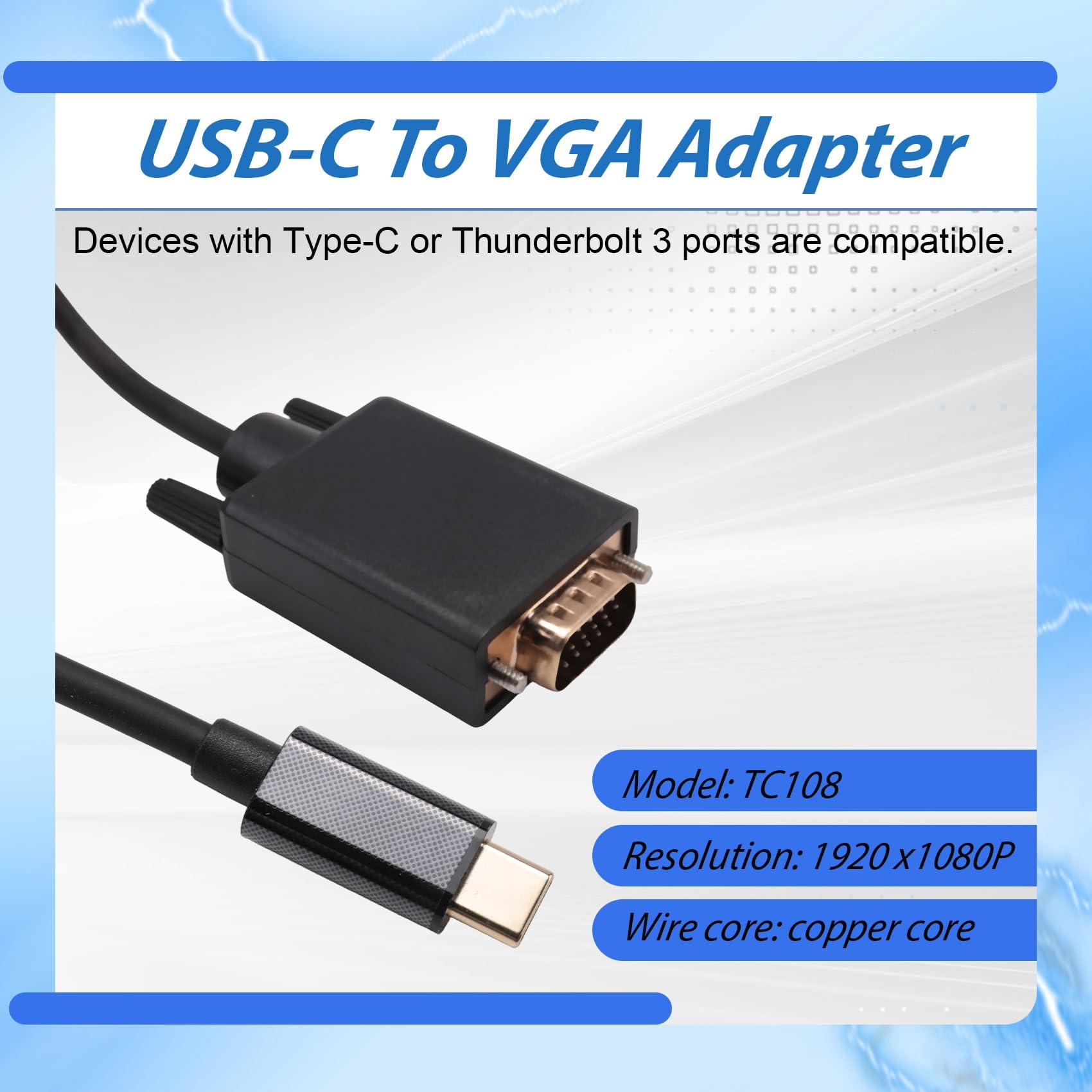 Câble USB-C vers VGA Haute Performance - Convertisseur de Type C vers D-Sub 15 Broches pour Connecter Les Appareils USB 3.1 à des Moniteurs, des Projecteurs ou des Téléviseurs