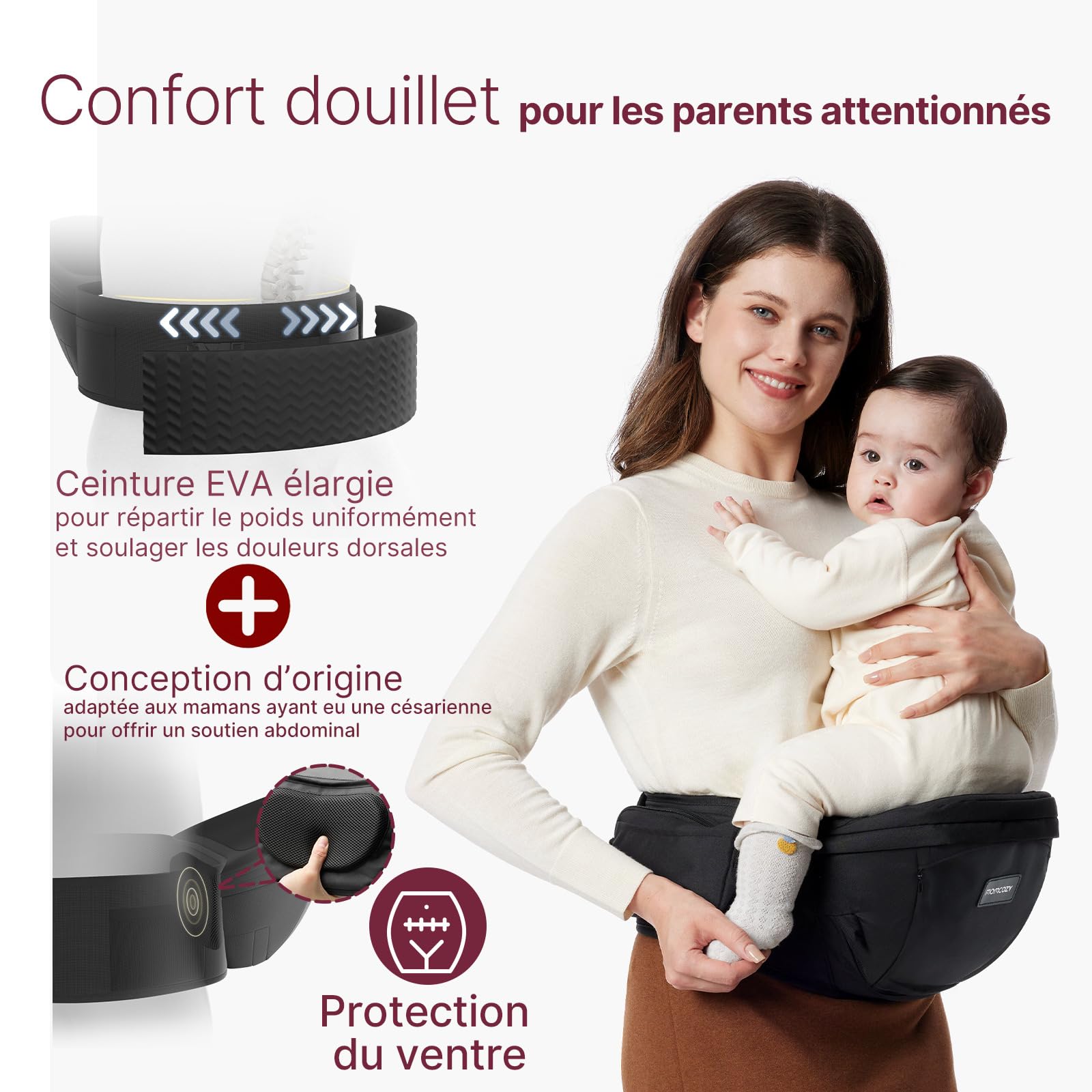 Porte-bébé Momcozy certifié CPC - Ceinture ajustable avec Protecteur Ventral Original 3D, Porte-bébé ergonomique avec plusieurs poches pour nouveau-nés et bambins jusqu'à 45lbs (Noir, Moyen)
