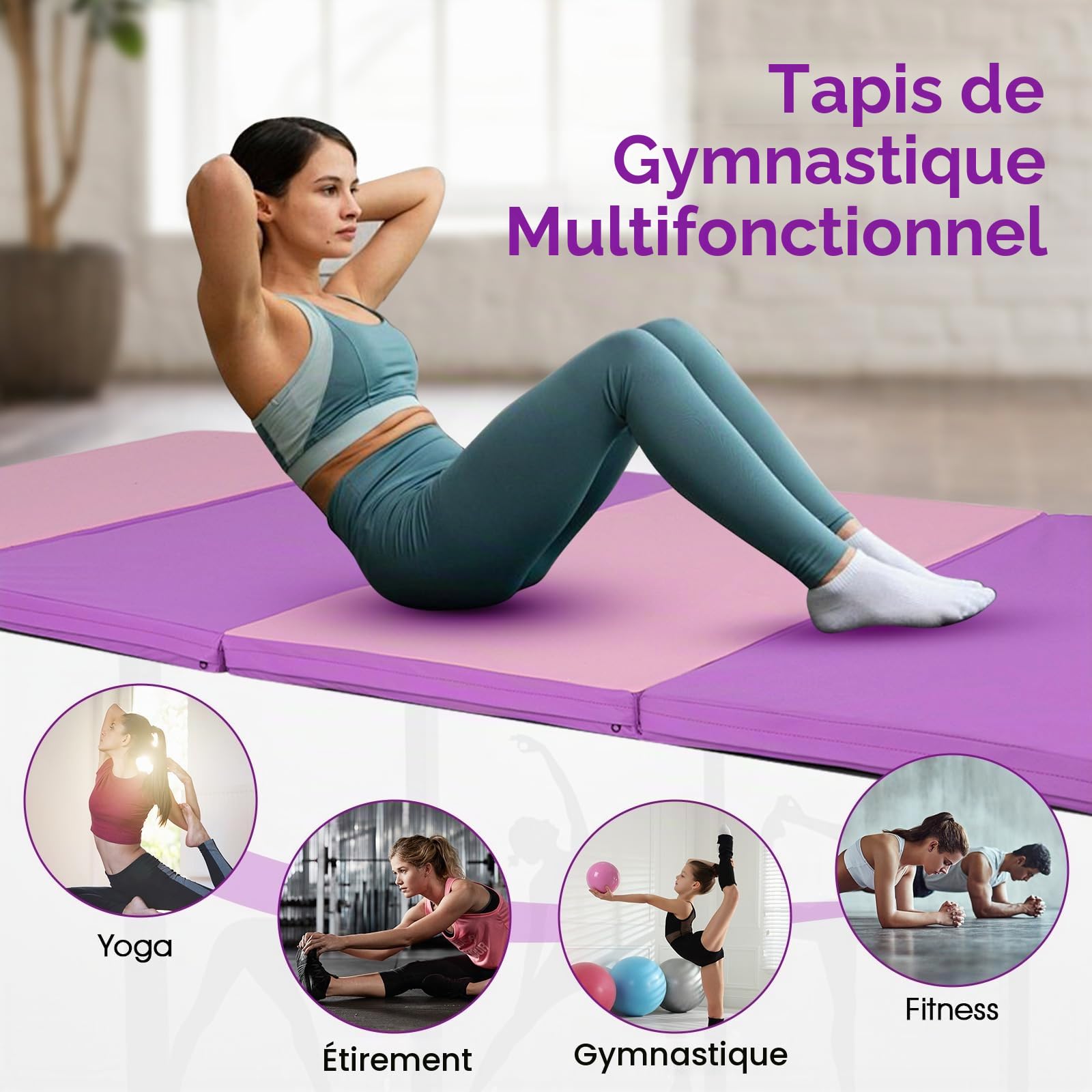 GOPLUS Tapis de Gym Épais Pliable, 240x118x5 CM, Tapis de Gymnastique 4 Plis avec Attaches Auto-Agrippante, Poignée Transport Portable en Cuir, Tapis Fitness pour Yoga, Sport