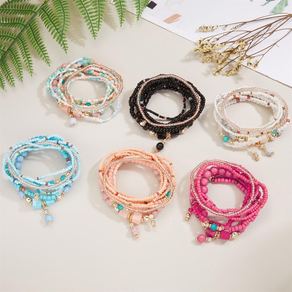 8Pcs Bohemian Stackable Beaded Bracelets Set for Women,Handmade Layered Strand Bead Bracelets, Boho Crystal Elastic Stretch Bracelets for Women - Image 3