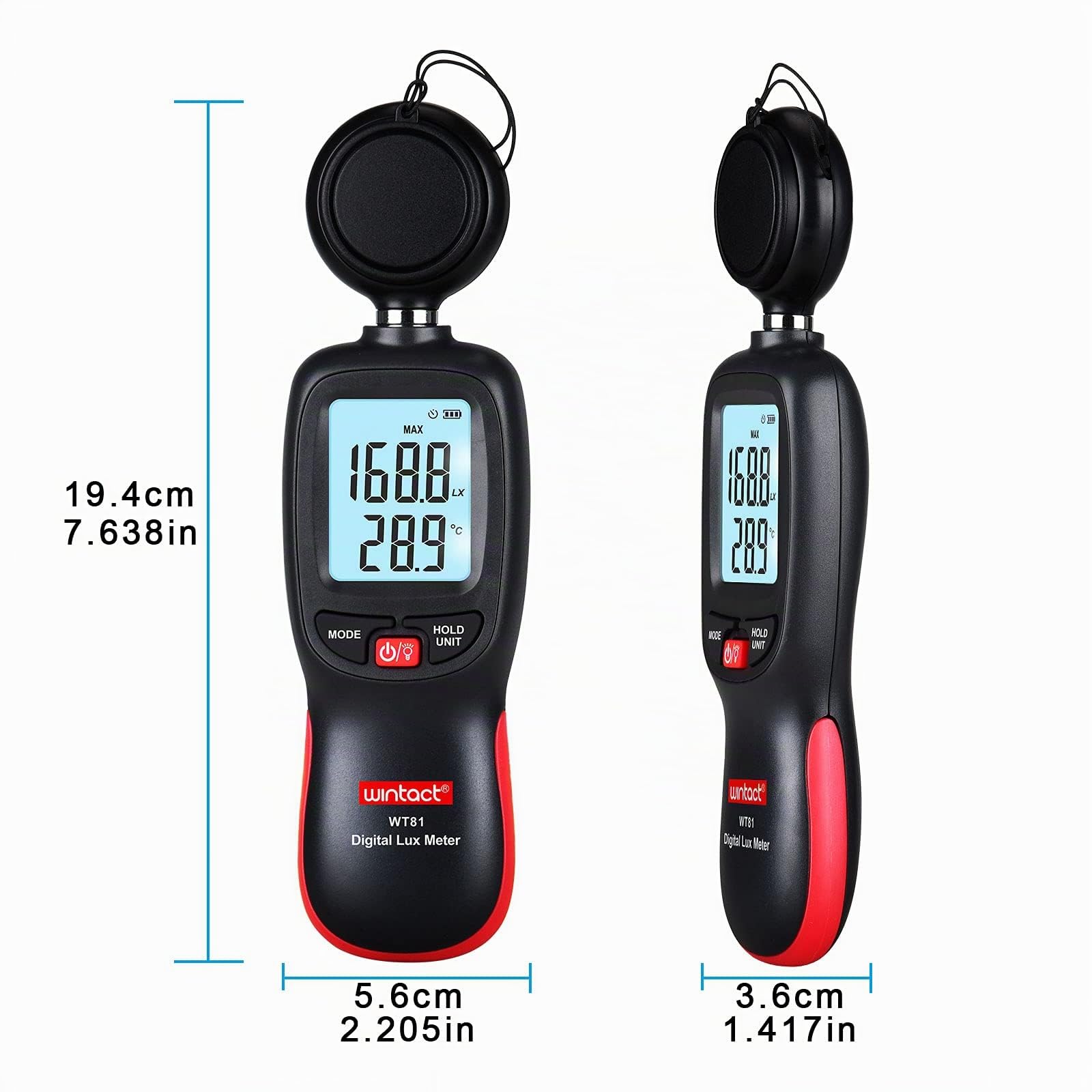 Wintact Misuratore di luce digitale palmare con termometro ambientale, gamma Lux Meter fino a 200.000 lux, fotometro test di rilevamento dell'intensità della luce per piante da interno da giardino LED