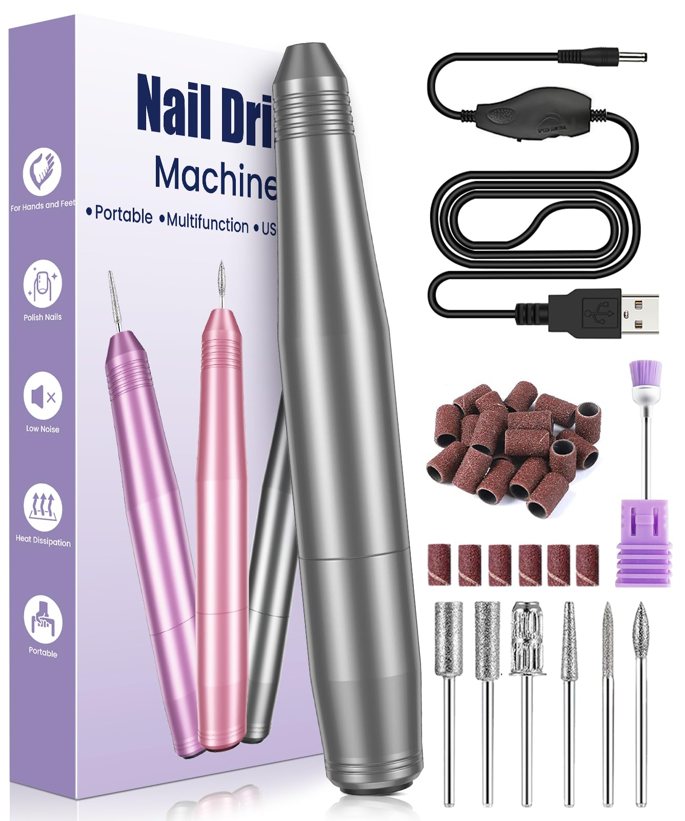 Lima Electrica Uñas, 6 en 1 Torno para Uñas Profesional 20000 RPM Velocidad Ajustable USB, Seguro, Protable Kit de Manicura y Pedicura Eléctrica de bajo ruido para Salón DIY Mujeres Niñas Principiante