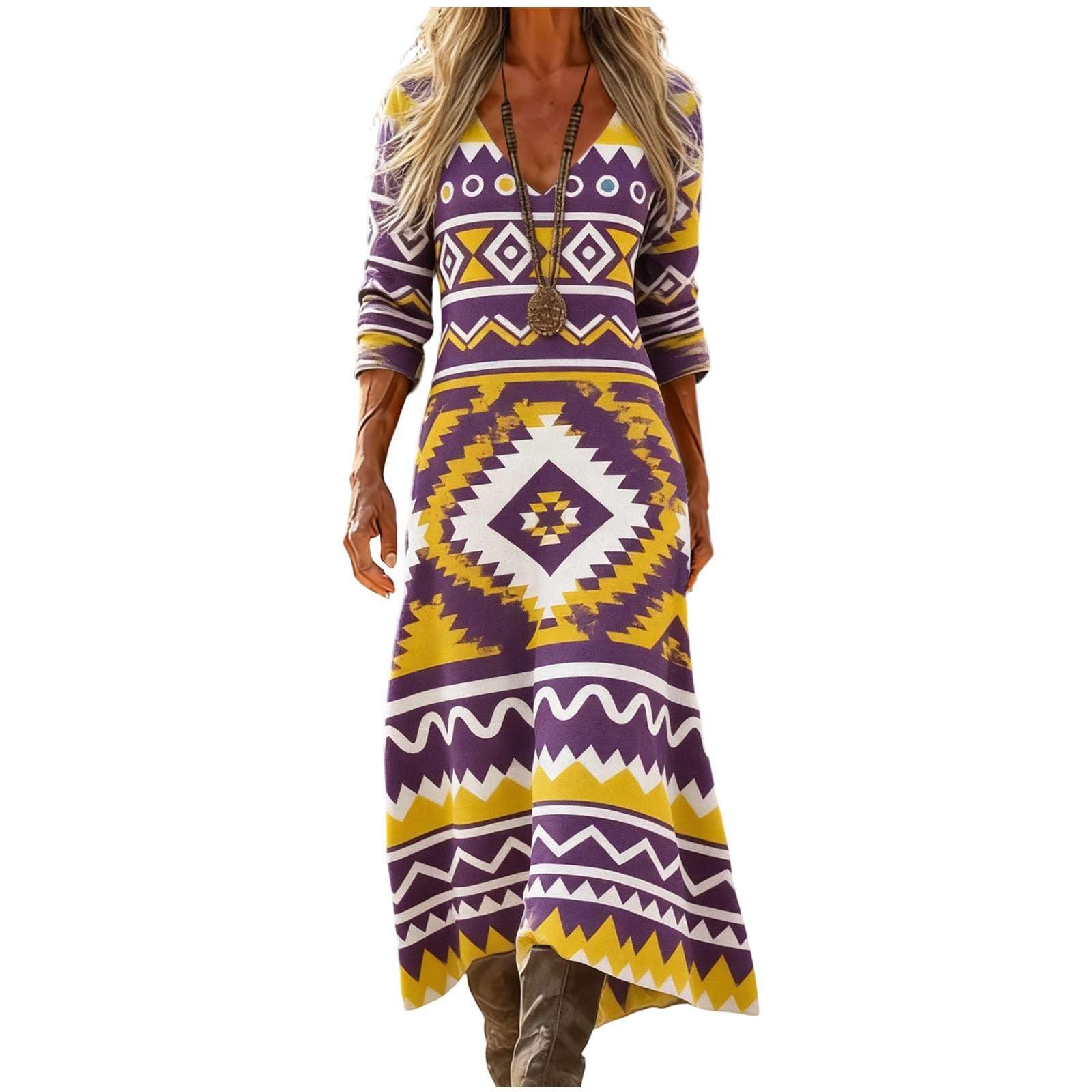 Robe maxi imprimé géométrique inspiration ethnique et rétro