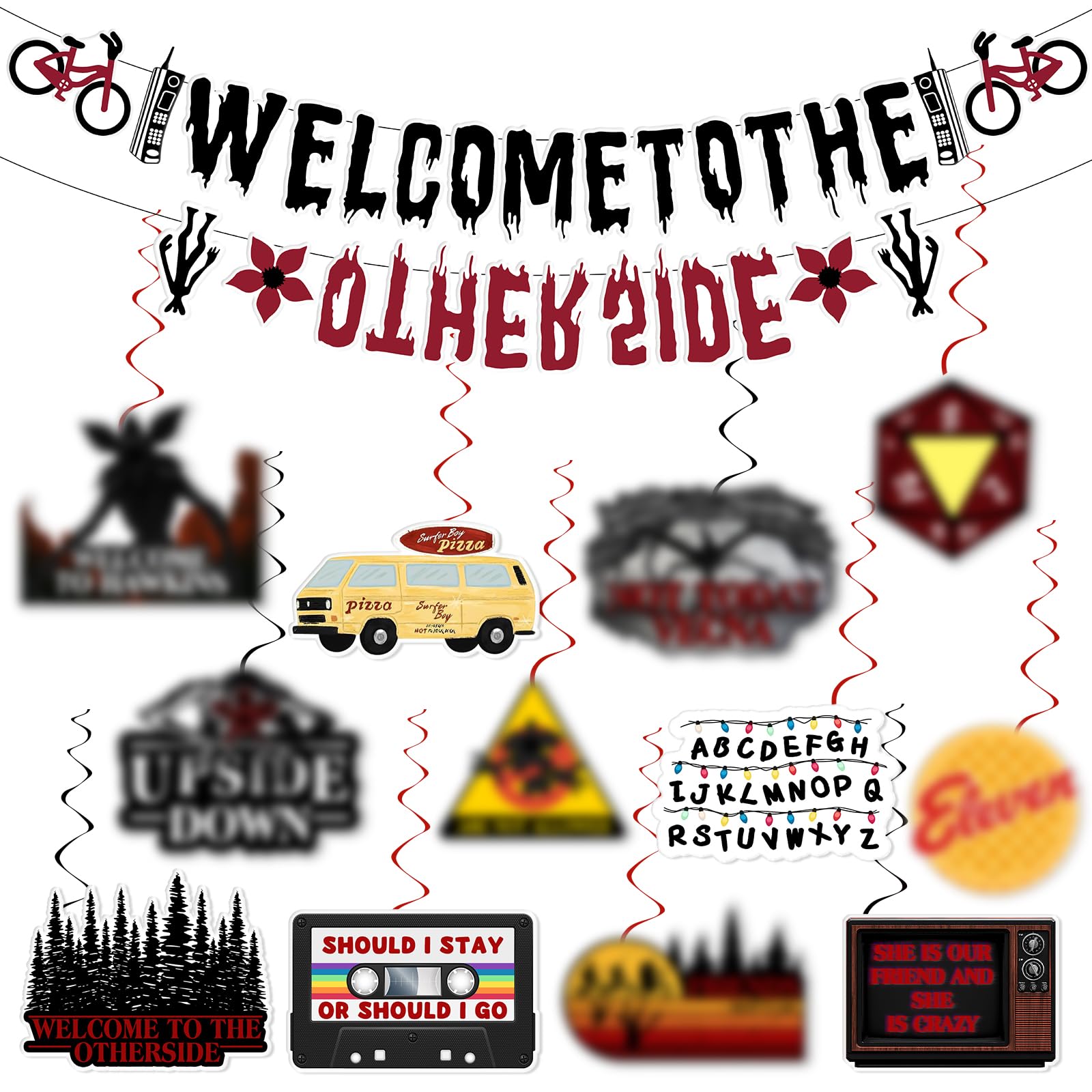 Embravfire Stranger Themed Birthday Decoration Set with Welcome to the Other Side Banner Hanging Swirls Horror Glitter Birthday Party Supplies