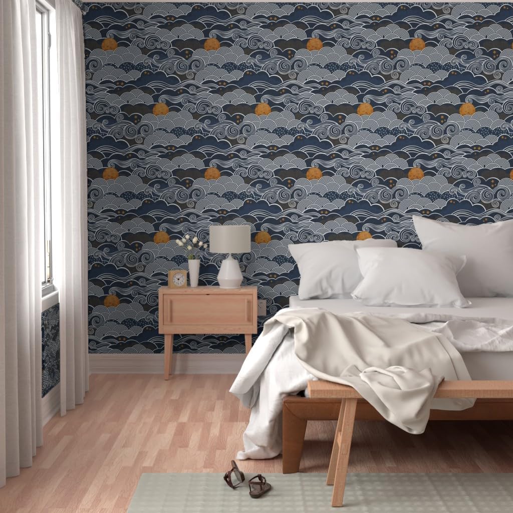 Spoonflower Peel & Stick Wallpaper 9ft x 2ft - Night Sky Moon Stars Clouds Blue Indigo Mustard Custom Removable Wallpaper