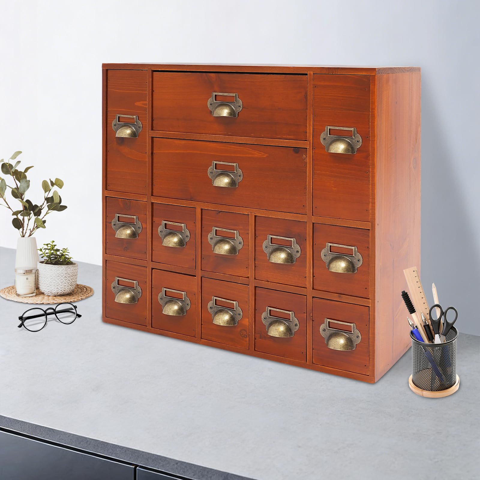 Retro Schubladenbox aus Holz mit 14 Schubladen, Vintage Aufbewahrungskasten für Schreibtisch, Organizer für Büro, Schmuck & Medikamente (53x16x42,4cm)