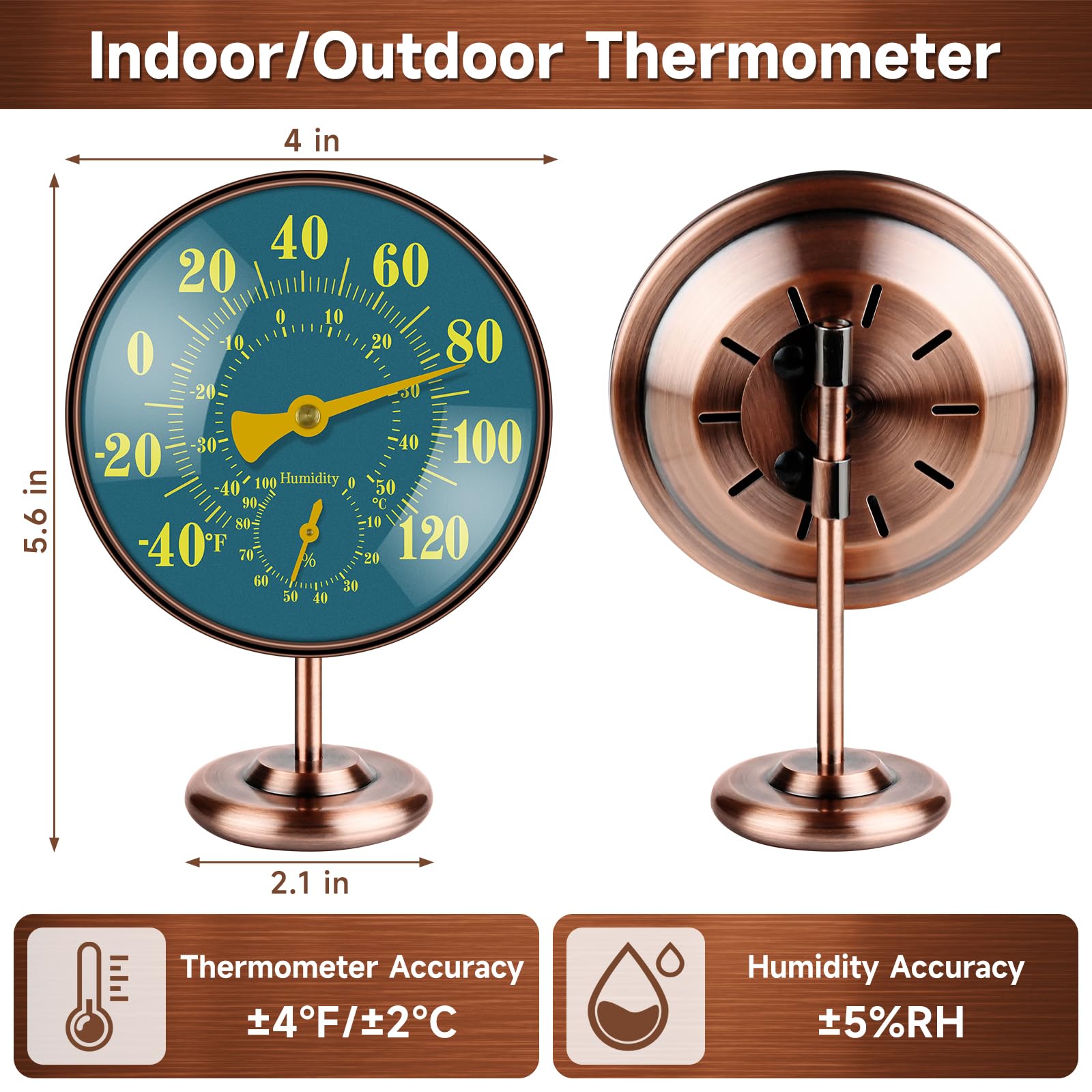 Termómetro para exteriores de 4 pulgadas y medidor de humedad, termómetro analógico de latón con esfera grande azul y verde, Fahrenheit/Celsius, impermeable para patio, jardín, pared interior o