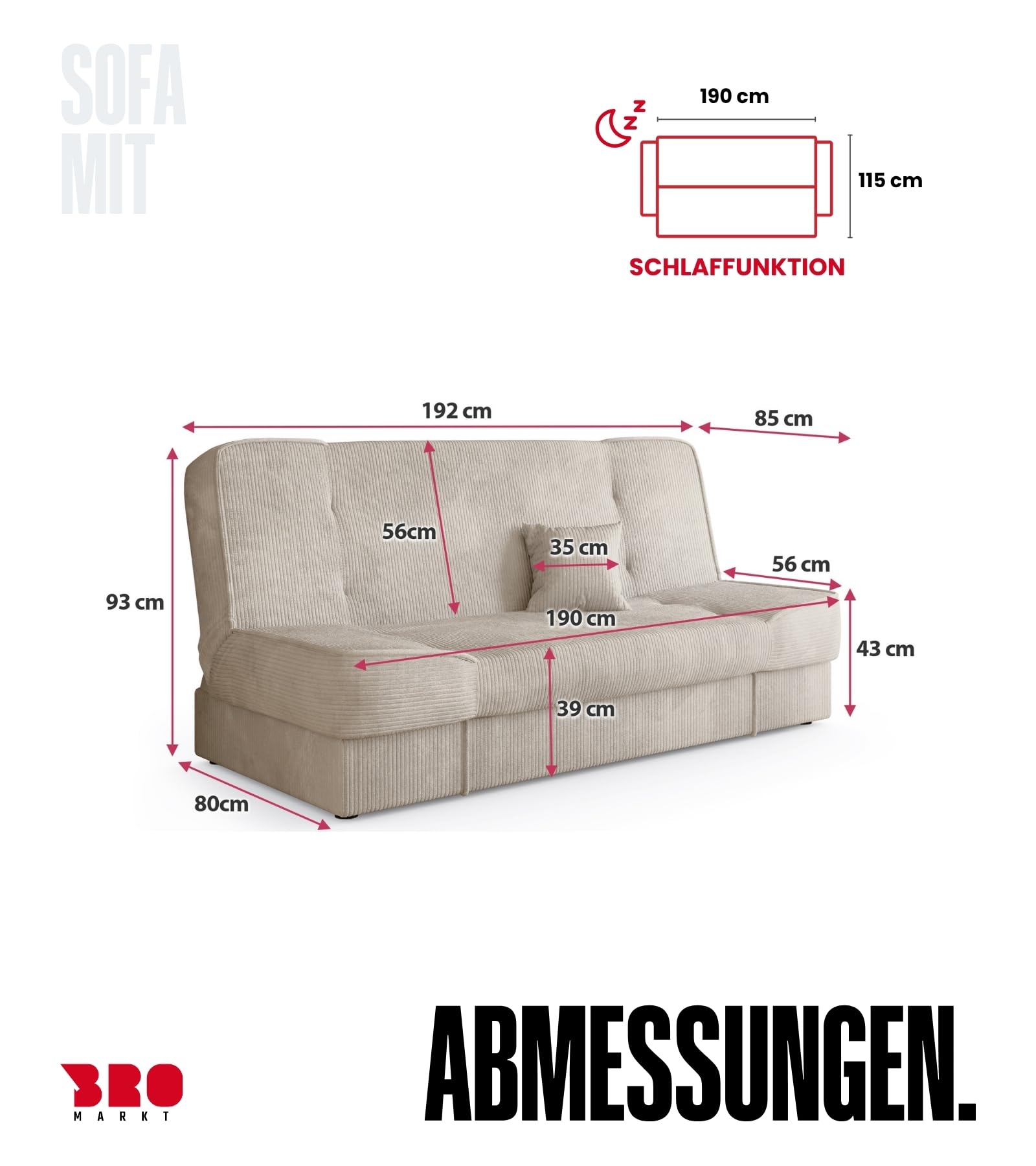 BROMARKT Schlafsofa mit Bettkasten Hellgrau 192x85x93 cm Couch mit Schlaffunktion 190x115 cm Sofa Bed Schlafcouch für Wohnzimmer Wohlandschaft Klappsofa mit 1 Kissen TOLIA