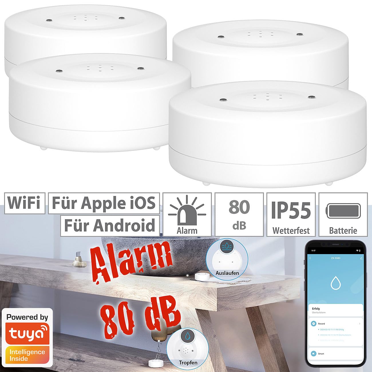 Luminea Home Control sensore livello dell'acqua: Rilevatore di acqua WLAN, Suono di allarme a 80 dB, Wi-Fi (rilevatore acqua smart, d'acqua da pavimento Wi-Fi, ipad)