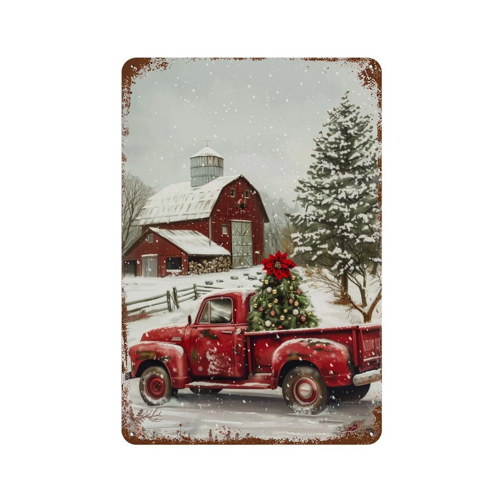 HDURYEYRYY Red Pickup Christmas Farm 04 Wall Retro Iron Vintage Art Metal Tin Sign Poster Modern Home Cofffee Club Art Bar Shop Decor Style 30x20cm