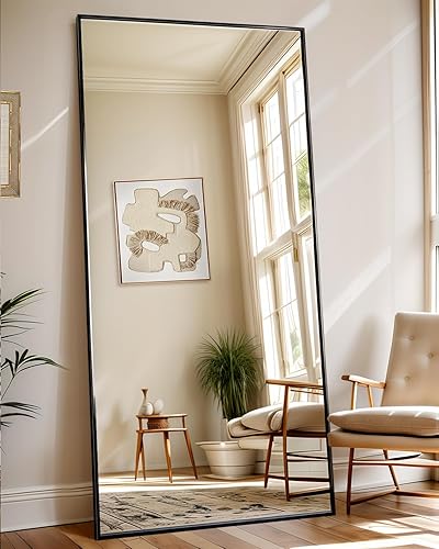 Antok Espejo de pie de 71 x 31 pulgadas, de longitud completa, con soporte, espejo de piso para dormitorio con soporte, espejo negro grande,