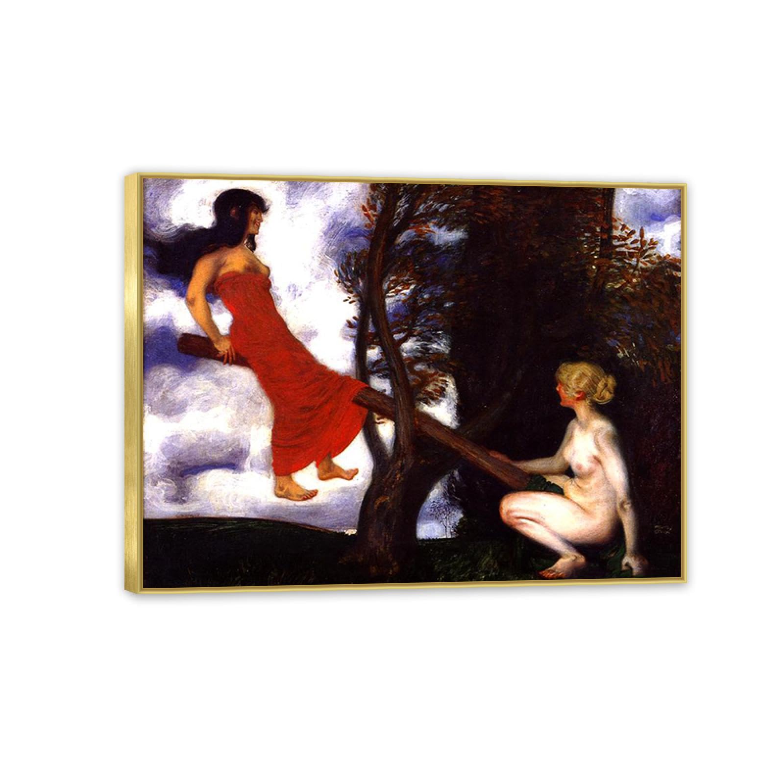 Hau3sh3a Franz von Stuck Wall Art Print The Seesaw Famous Giclees Franz Stuck Picture Artwork Wall Decor for Living Room Bathroom Office 90x70cm(36x28in) Gold frame