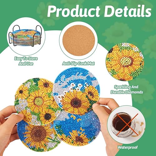 Miniatura 5 de KISSITTY Juego de 8 posavasos de pintura de diamante de girasol 5D con soporte para decoración de casa de verano y otoño