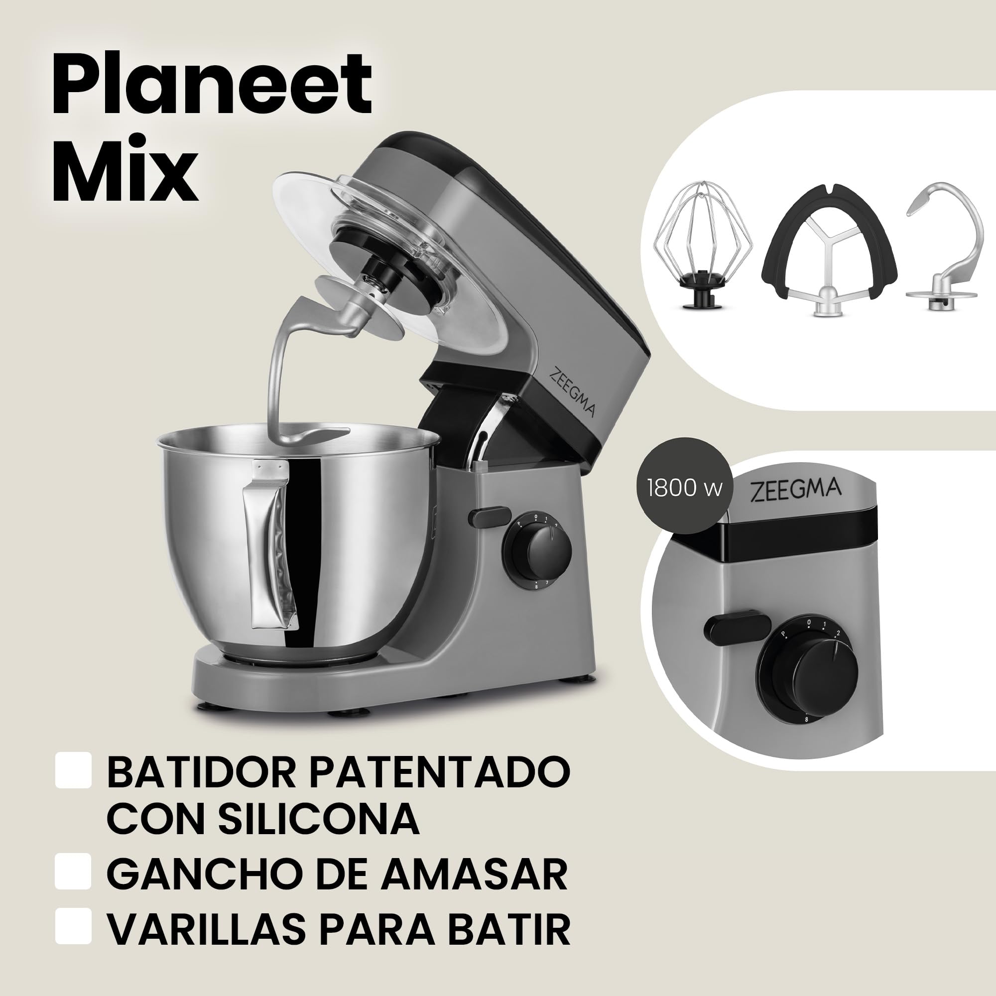ZEEGMA Planeet MIX - Amasadora (1800 W, robot multifuncional con cuenco de 5 L, con asa y tapa, 8 velocidades, incluye panel táctil de 3 piezas) (Red)