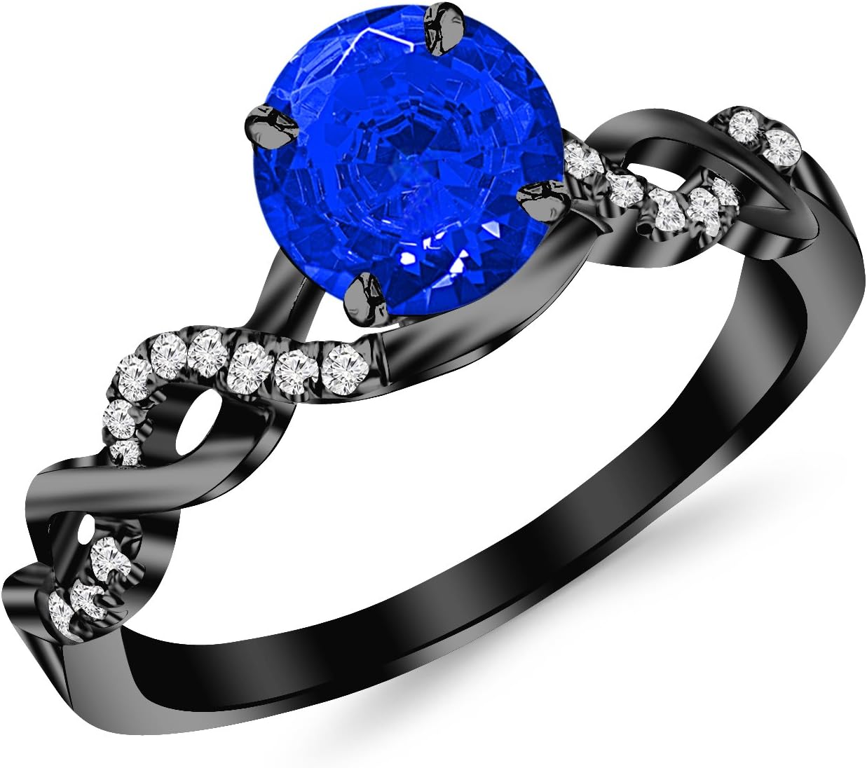 0.63 to 1.13 Carat 14K Black Gold Twisting Infinity Gold and Diamond Split Shank Pave Set Diamond Engagement Ring with Natural Blue Sapphire Center (Heirloom Quality)