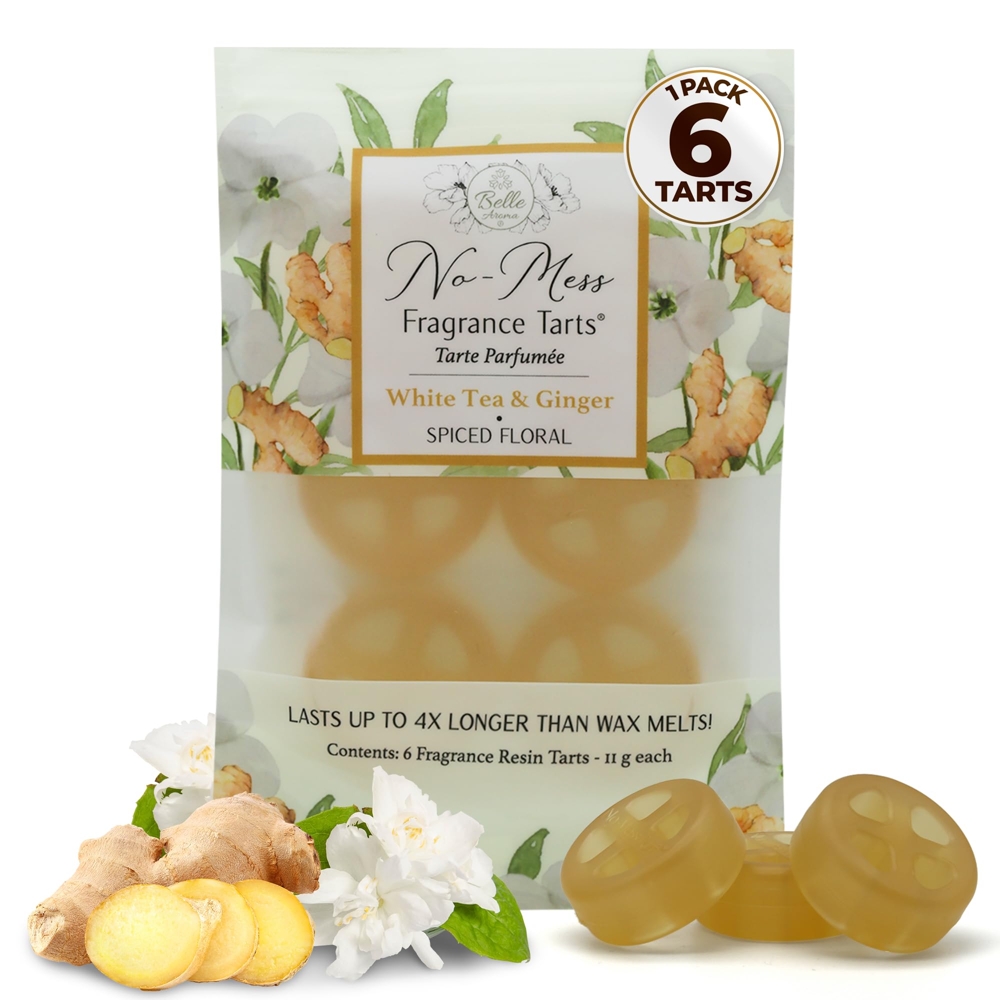 Belle Aroma No-Mess Fragrance Tarts for Wax Warmers – Solid Fragrance Alternative to Wax Melts (Designed Not to Melt), Heat-Activated Home Scent, Long-Lasting Aroma, 6 Mini 1 Pack White Tea and Ginger