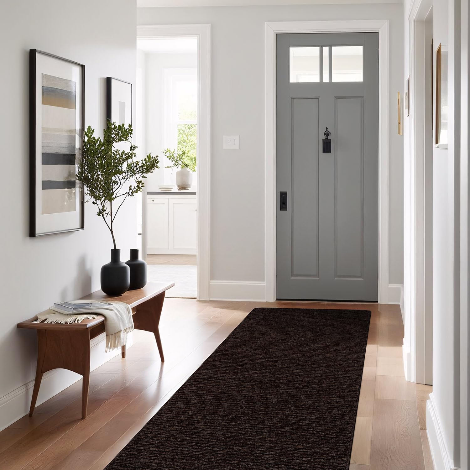 Non-Slip Modern Runner Rug 2x7 Solid Traditional Rubber Backing Non Skid Soft Thin Indoor Area Rugs for Living Room Stain Resistant Non Shedding Casual Carpet (2 x 7 Brown)