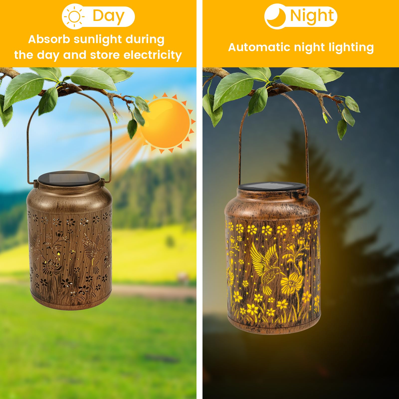 2 faroles solares decorativos de metal ahuecados impermeables LED para porche o árbol (marrón oscuro, 2)