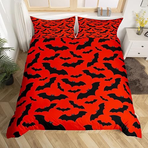 Juego de ropa de cama de murciélago negro y rojo, funda de edredón reversible gótica para niños, decoración de Halloween, diseño de silueta de