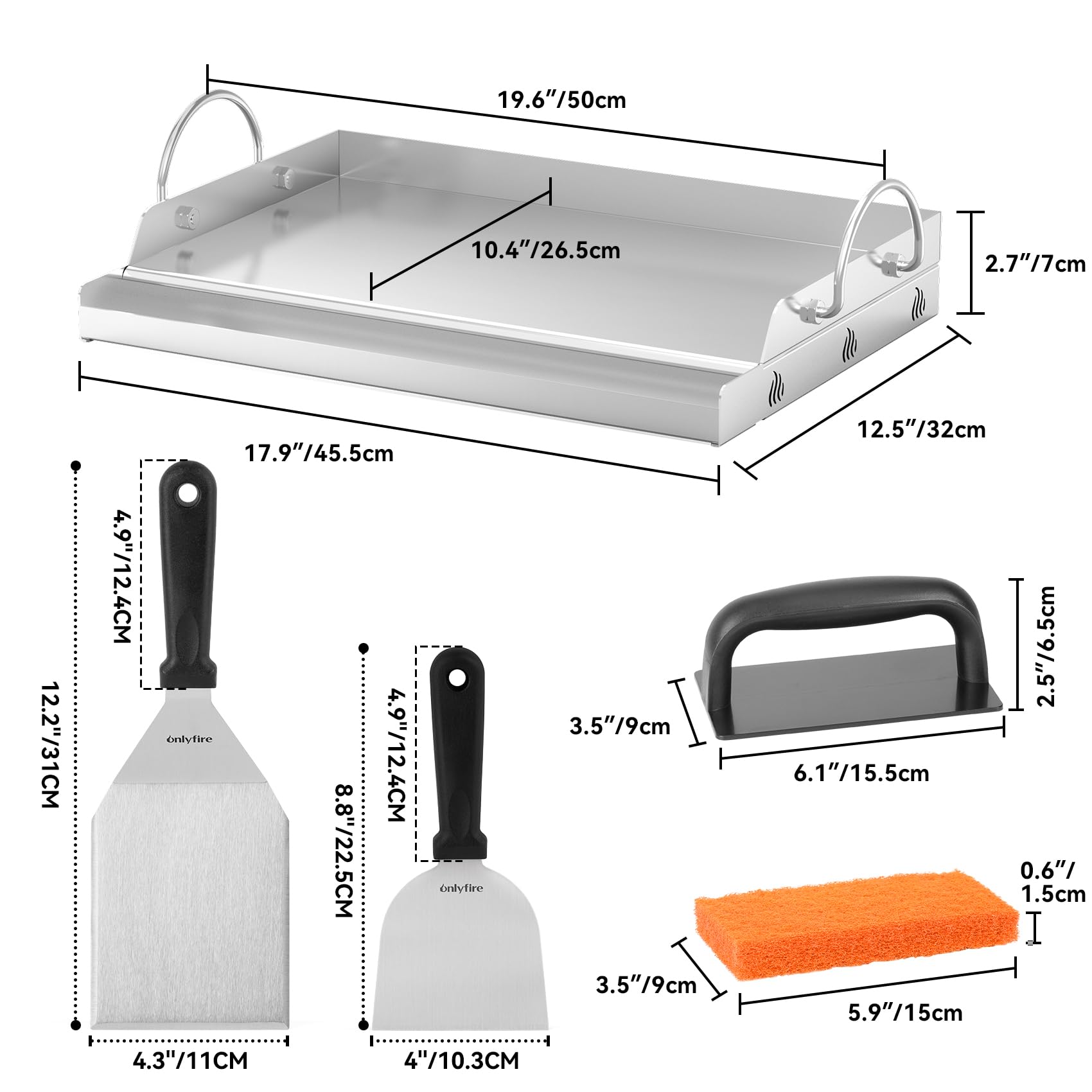 Onlyfire Plaque Plancha en Inox avec Spatules et 2 Éponges de Nettoyage, 50 x32 x7 cm, Plaque de Cuisson Universelle pour Barbecue, Rectangulaire, Poignée Amovible