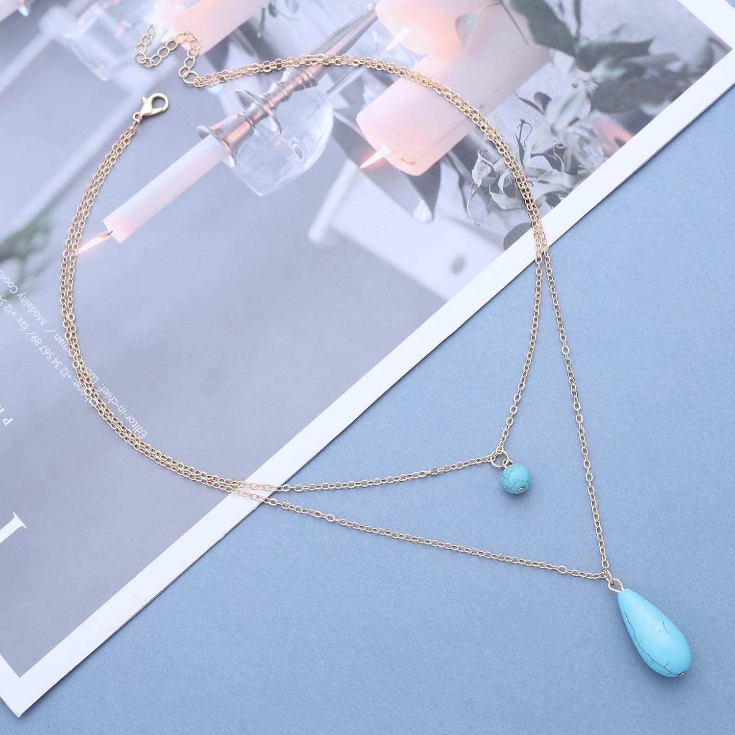 Boho Layered Turquoise Necklace Choker Blue Turquoise Bead Pendant Necklace Teardrop Turquoise Chain Necklace Double Layer Gold Turquoise Stone Necklace Jewelry for Women - Image 3