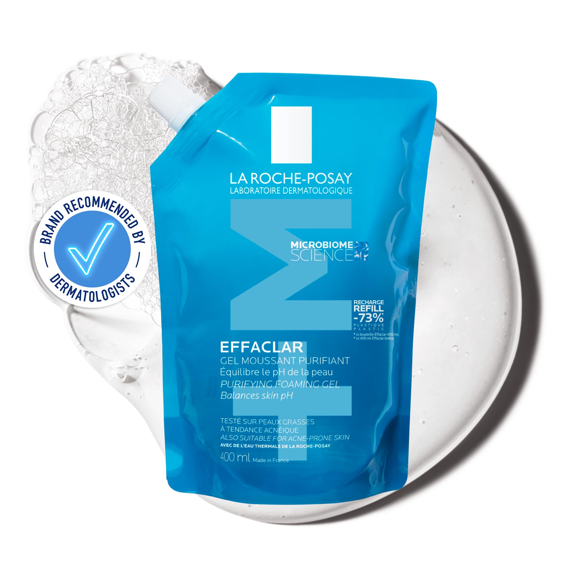La Roche-Posay Effaclar Purifying Foaming Gel Cleanser: Anti-Breakout Facial Cleanser 400ml Refill Pouch, white us, 400 ml (Pack of 1)