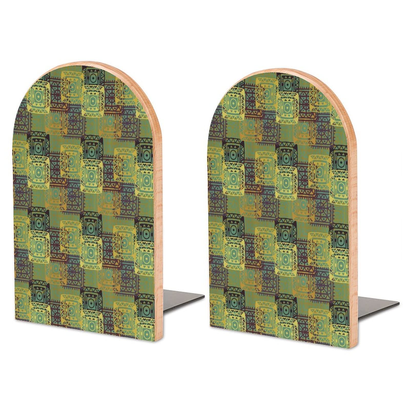 Aztec Trippy Tribal Pattern Bookends Heavy Duty Book Stand 1 Pair for Home Office Shelves Decorative