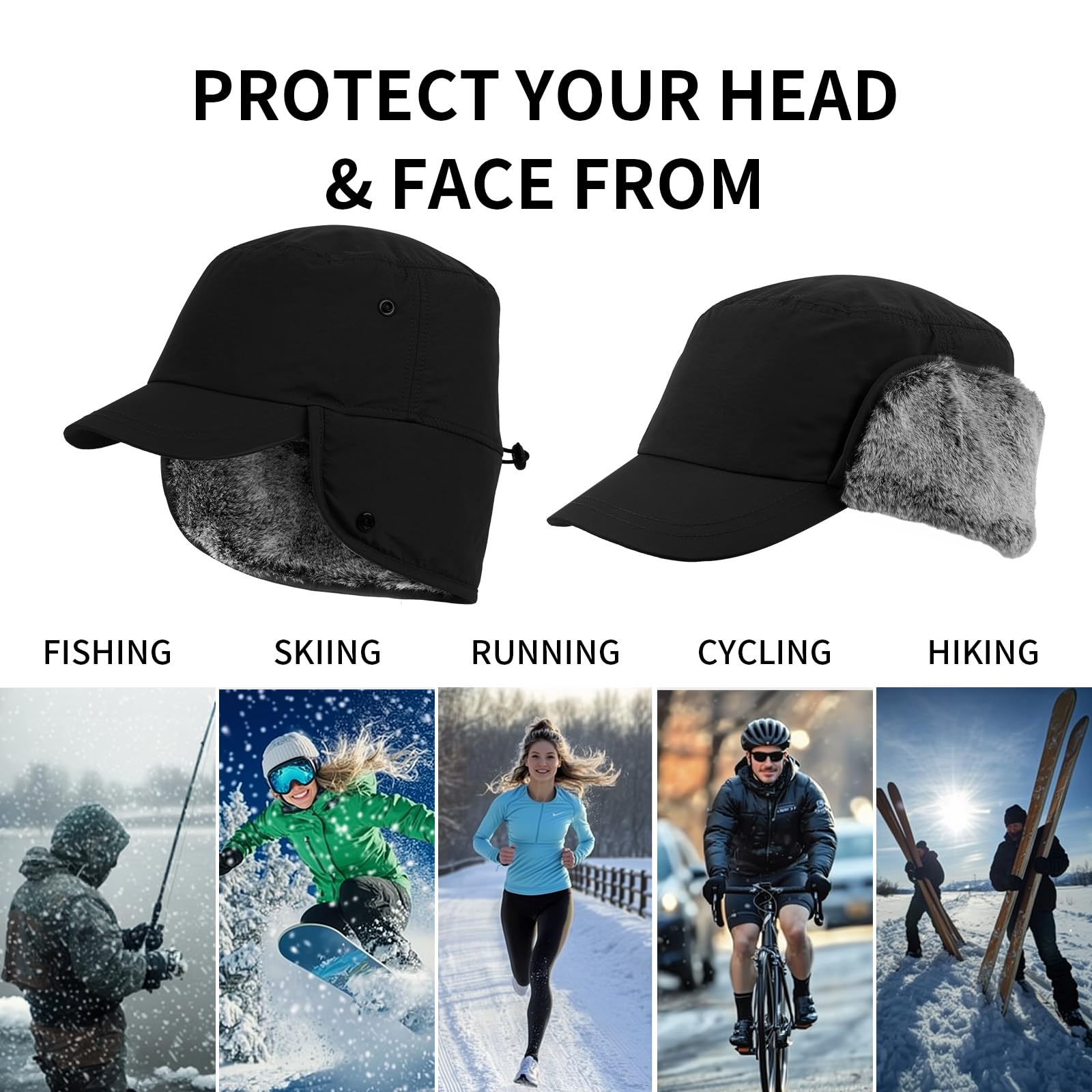 Gorro de invierno para hombre con visera y orejeras, gorro de béisbol totalmente forrado de piel sintética para caza
