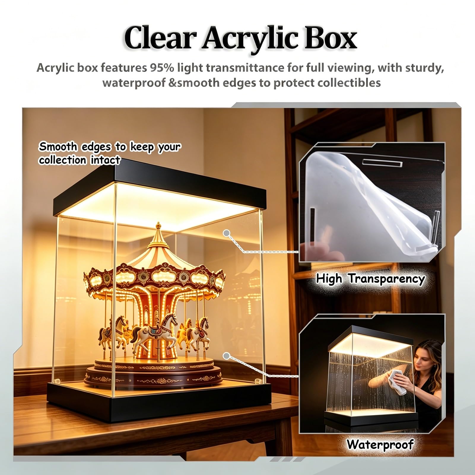 UrbanUp Urna Metacrilato Caja de Almacenamiento con Iluminación Superior e Inferior, Tapa Antipolvo con Base y Amplio Espacio de Almacenamiento, Vitrina Acrílico Transparente(10x15xH10cm/4x6x4)