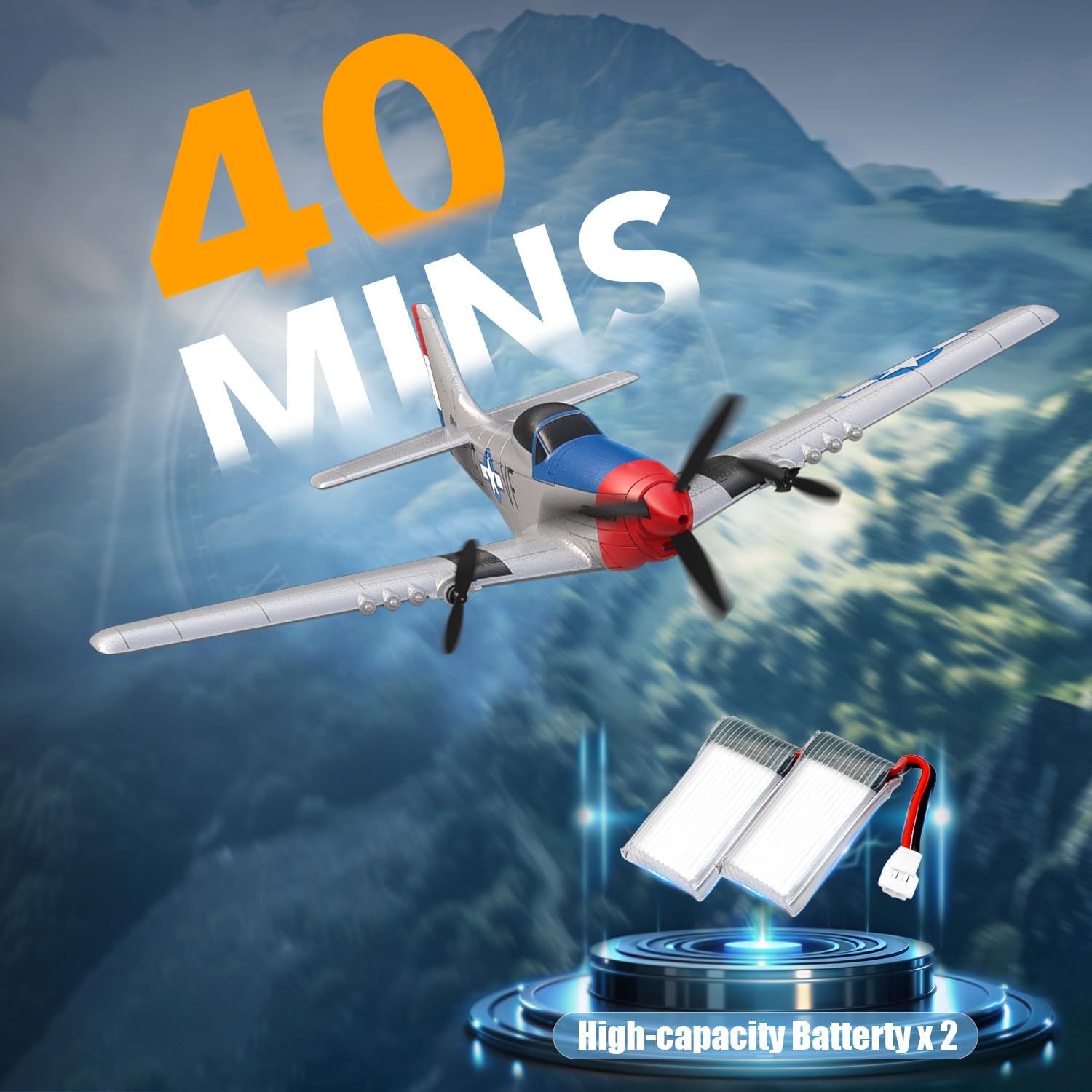 Volantexrc Avion télécommandé 3CH RC P51 RTF pour débutants Adultes Gyroscope 2.4GHz 6-Axis Stabilizer