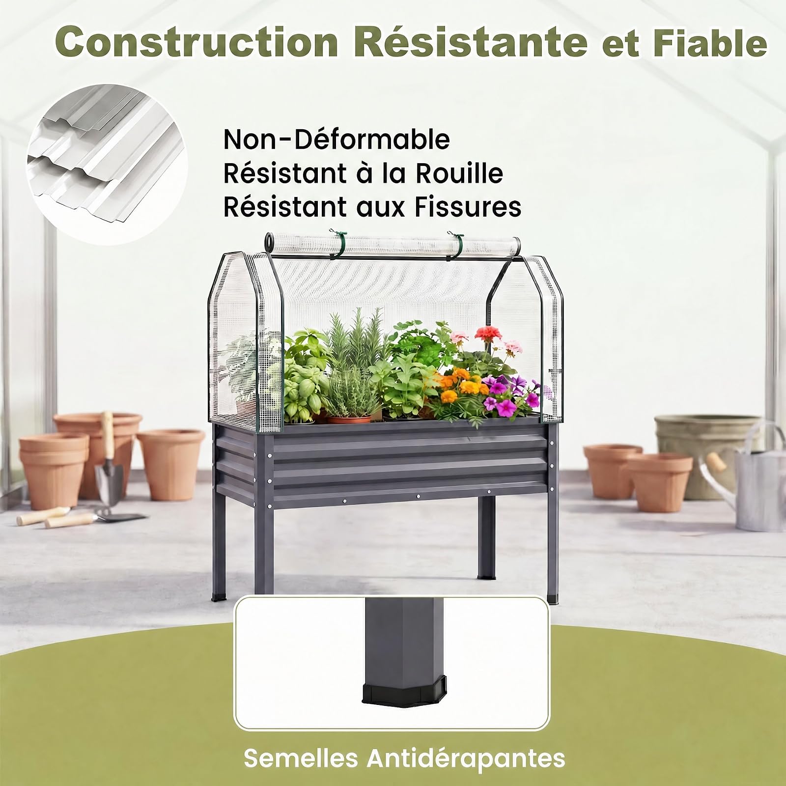 GOPLUS Jardiniere sur Pieds 3 en 1 avec Mini Serre, Carré Potager en Métal Galvanisé avec Porte Zippée Enroulable pour Jardin Balcon Patio, Bac de Culture 142L pour Légumes Herbes Fleurs (Gris)