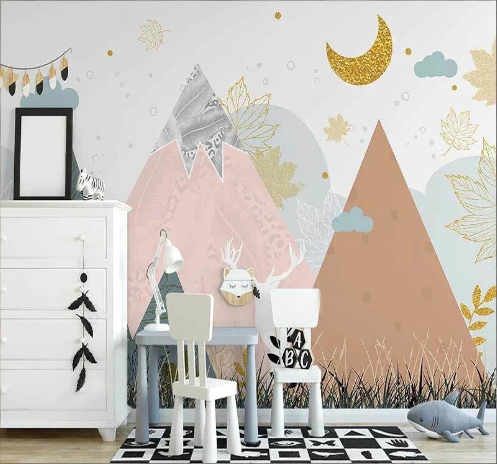 Xlming 400Cm×280Cm(B×H) Cartoon Moon Abstract Mountain Peaks Reindeer 3D Wallpaper Luxury Home Dining Decor Paste Sofa Living Room The Wall For Bedroom Mural-400Cm×280Cm