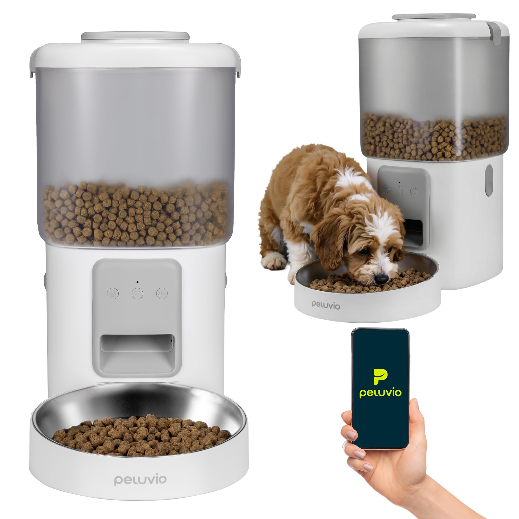 CRISPY WI-FI Distributore Automatico Cibo Cani e Gatti con WiFi e App, Capiente 4,5 L, Programmabile Timer e Porzioni, Registrazione Vocale, Ciotola in Acciaio Inox, Cavo e Batterie (Bianco) | Per Cani e Gatti, App, Timer e Porzioni Programmabili, Registr