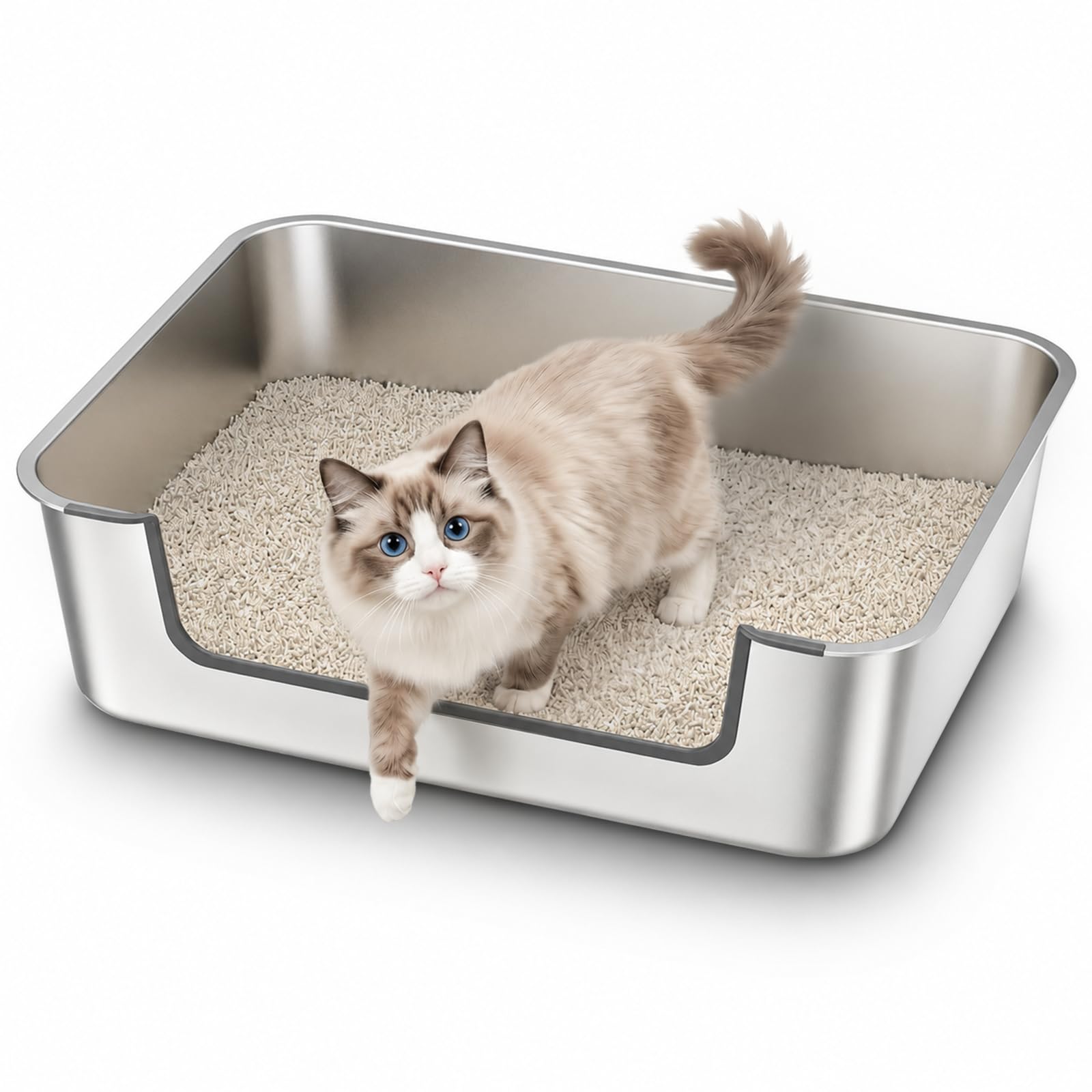 Stainless Steel Cat Litter Tray with Low Entry, Metal Cat Litter Box for Senior or Injured Cats, XXL Large Cats Toilet for Multiple Pets, Odour-Free, Non-Stick, Easy to Clean, 27.6"L×19.7"W×7.9"H