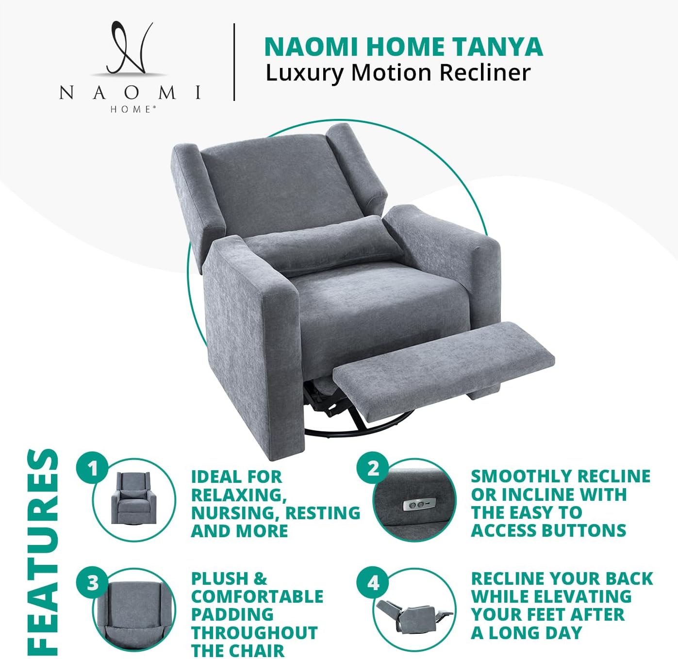 Naomi Home Tanya Luxury Motion Recliner Chair, Gray – Plush Upholstered Glider Rocker with USB Charging, Swivel, and Lumbar Support for Nursery Comfort, 275 lbs Capacity