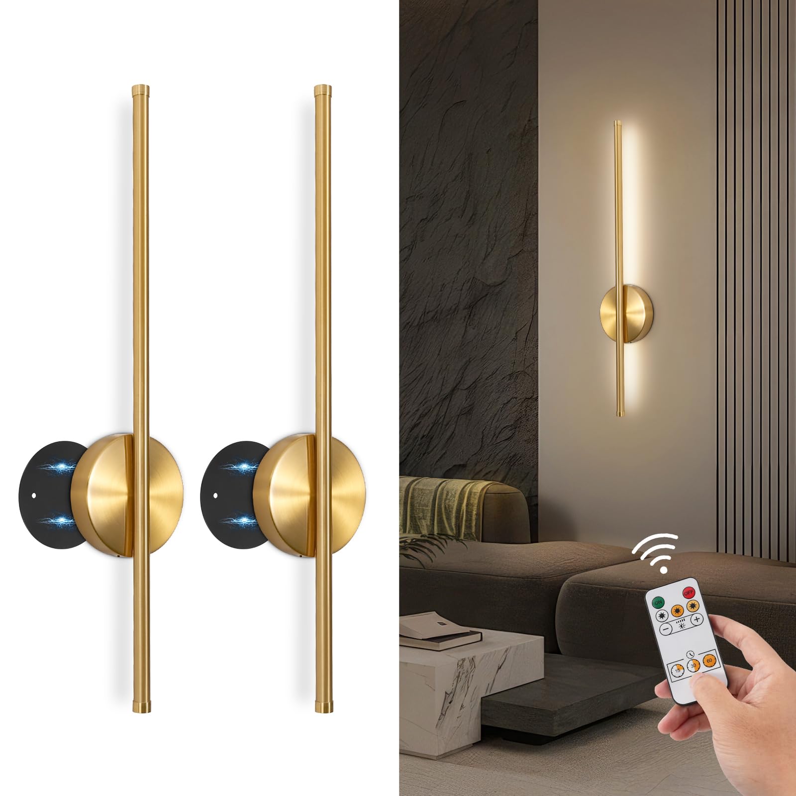 TaoFiaCo 60CM Applique da Parete a LED per Interni Ricaricabile Oro - Lampada da Parete con Telecomando 3 Temperature di Colore - Applique a LED Senza Fili con Batteria per Soggiorno 2 Pezzi