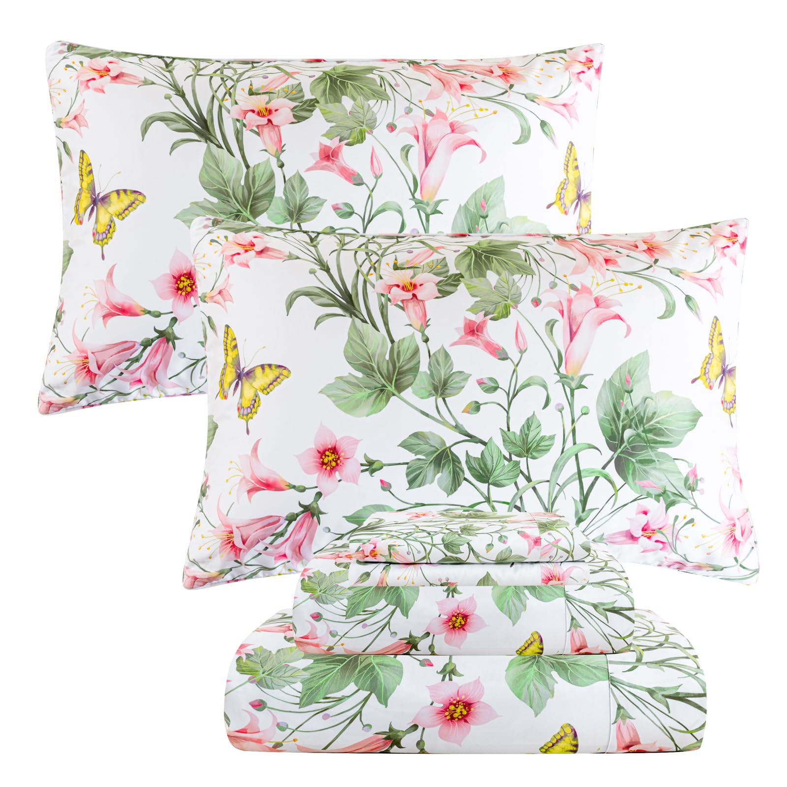 QSH 100% Egyptian Cotton Sheets Set King Size Butterfly Floral Bedding Sheets Spring Leaves Print Bed Sheets Deep Pockets Sheet 4PCs