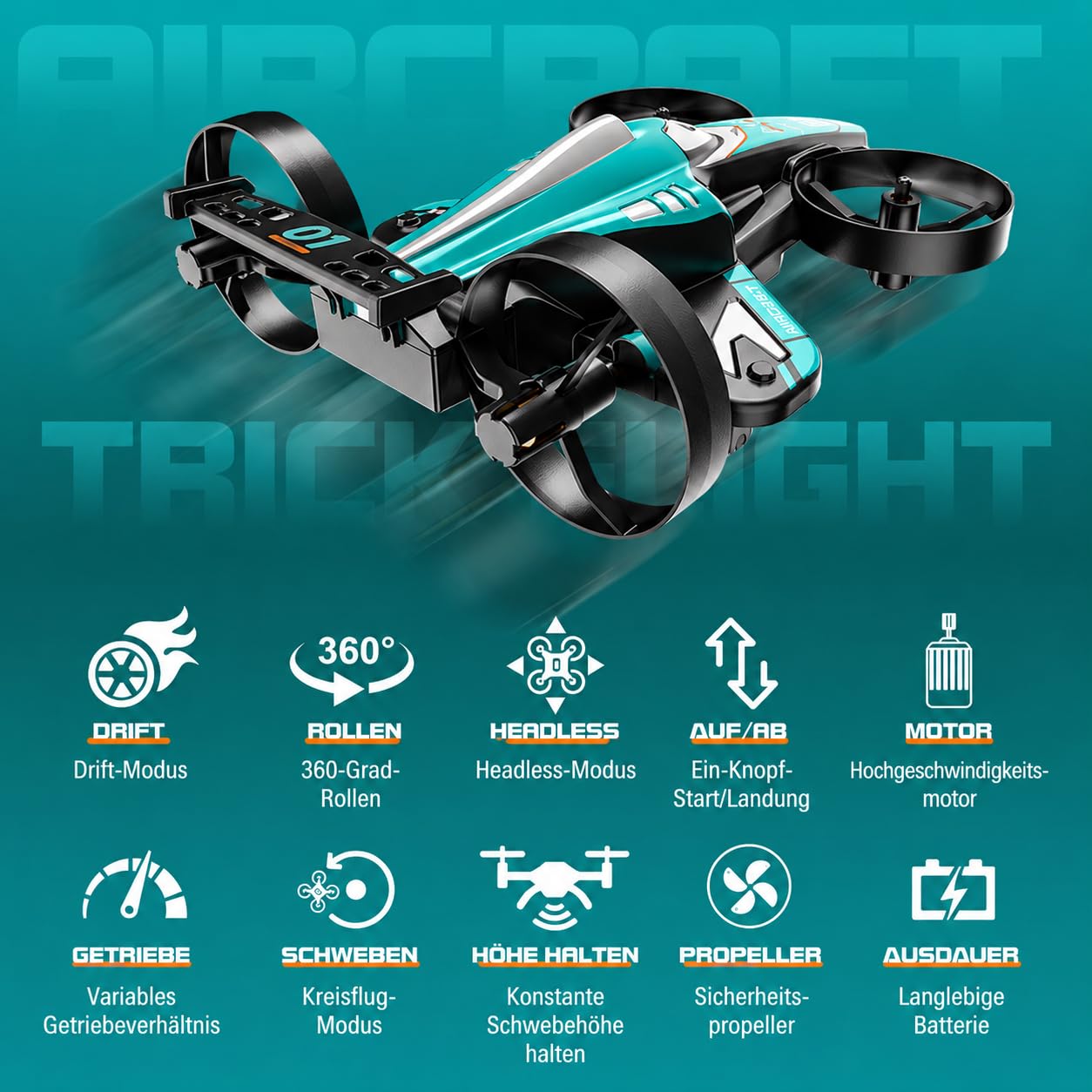 Mini drone RC 2 in 1 per bambini – modalità volo e pavimento, apertura a 360°, altezza 3 velocità, modalità headless, luci LED, un pulsante di avvio/atterraggio, regalo a partire dai 6 anni, Teal
