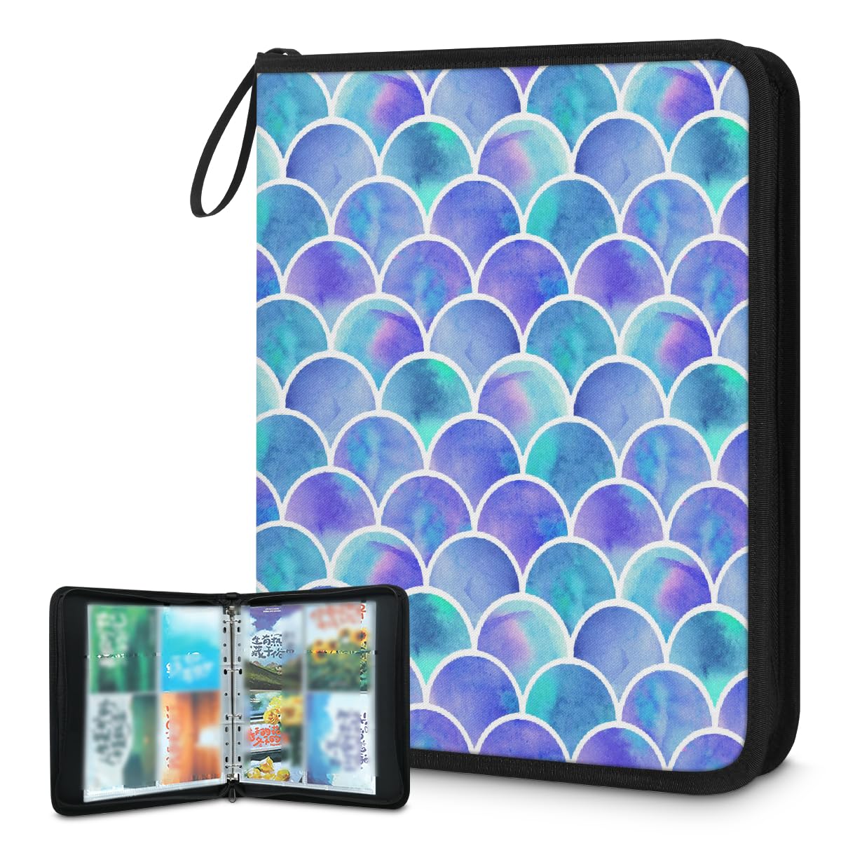 Raccoglitore per carte collezionabili con 4 tasche, motivo squame di sirena, con maniche rimovibili, impermeabile, con cerniera, 50 pagine, capacità 400 carte