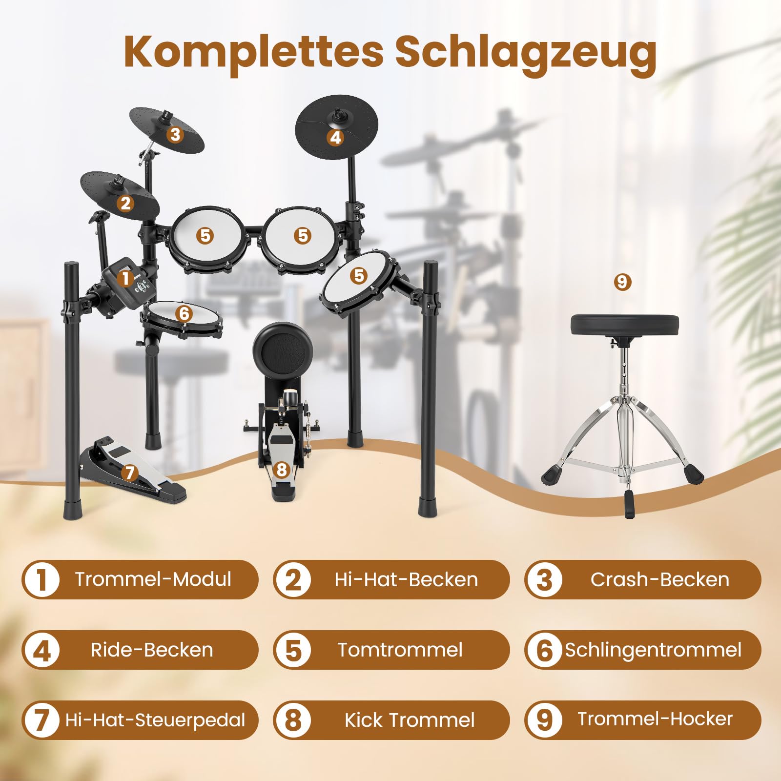 COSTWAY Zestawy E-Drum składane, 8-częściowy zestaw perkusyjny z padami mesh, 225 dźwięków i 30 demonstracji, metronom i USB MIDI, 2 pedały i 2 pałeczki perkusyjne, kompletny zestaw perkusji