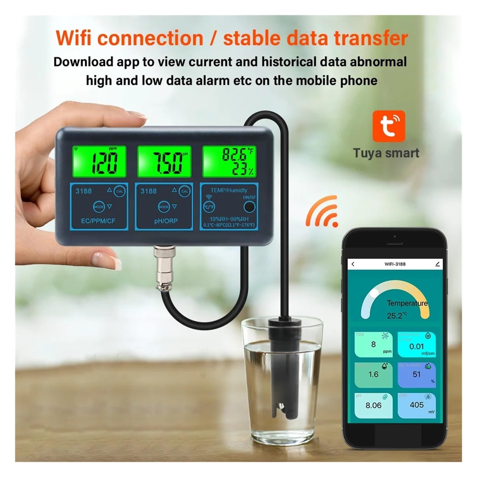 Misuratore di pH WiFi, temperatura, TDS, EC, ORP, tester dell'acqua, analizzatore digitale intelligente con app Tuya,Resistenza alla corrosione