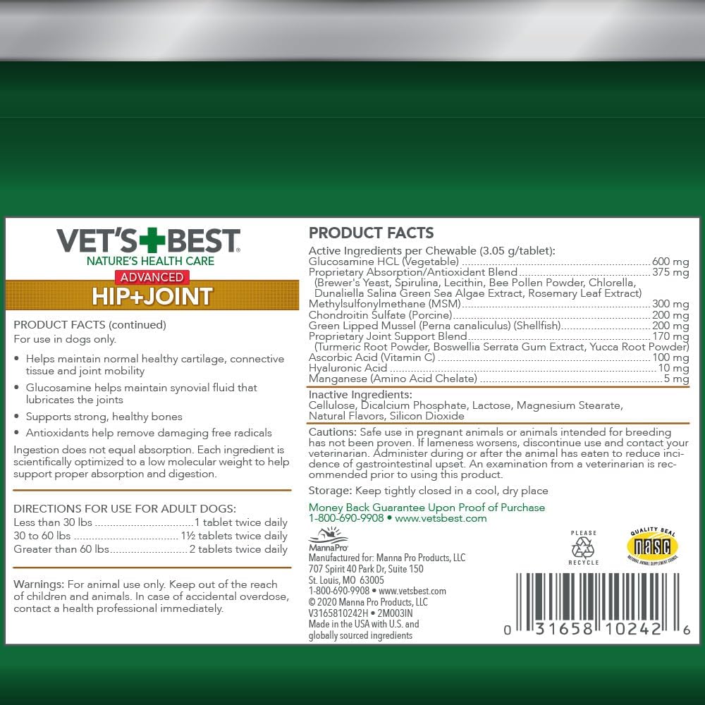 Vet's Best Advanced Hip & Joint Dog Supplements | Formulated with Glucosamine and Chondroitin to Support Dog Joint and Cartilage Health (3165810242)