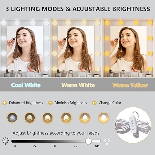 Miniatura 3 de Escritorio de tocador de maquillaje con espejo y luces, juego de mesa blanca con cajones de almacenamiento, estación de carga y gabinetes, tocador