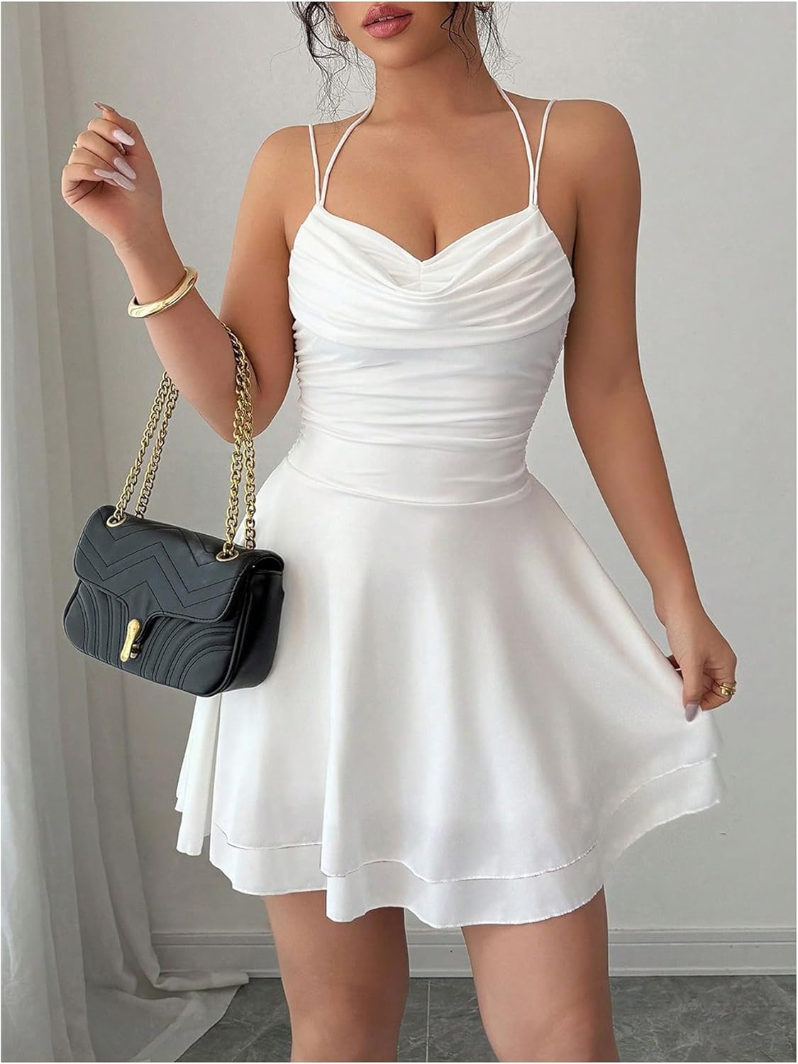 Women's Draped Halter Mini Dresses Y2k Ruched Layered Wedding Guest Cocktail Party Dresses - Image 4