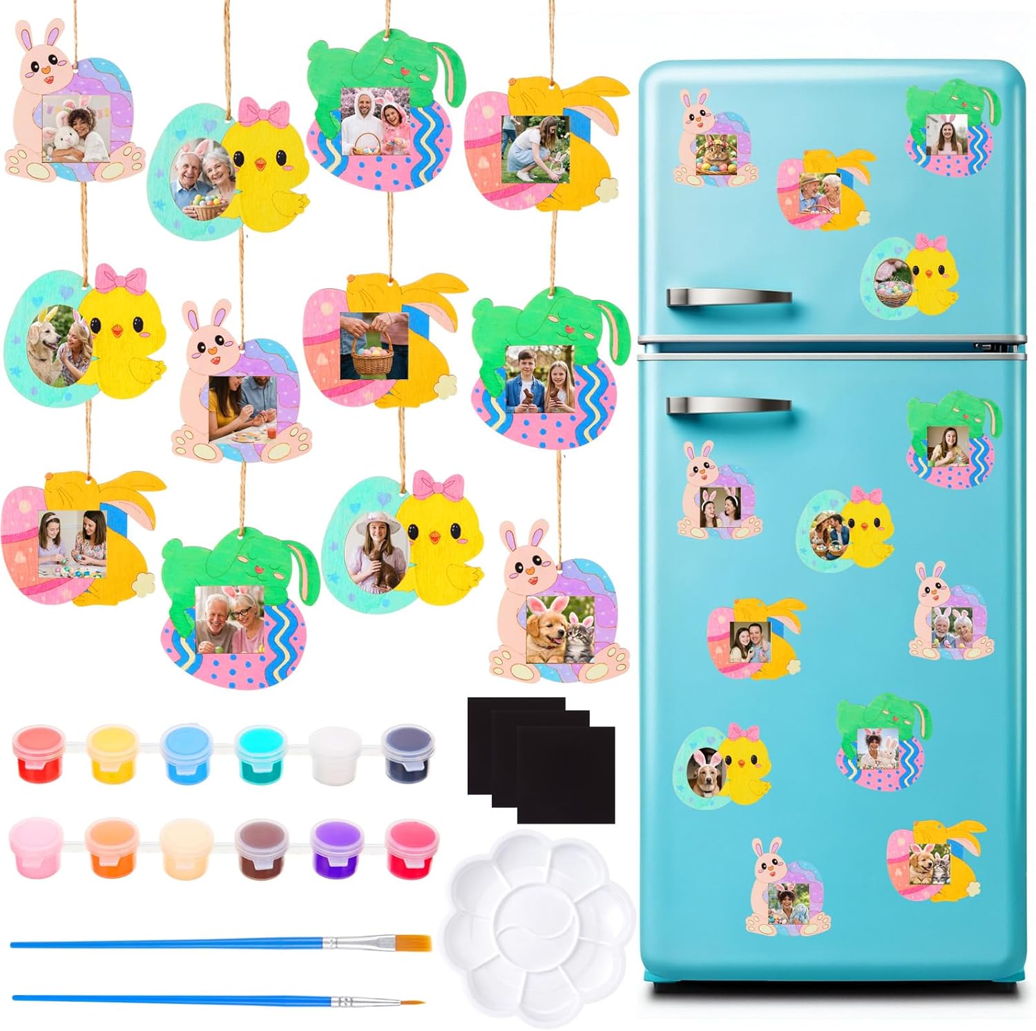 Novabright 39 Pcs Spring Wooden Magnetic Picture Frames Set, Bunny & Egg Fridge Photo Frame Craft, Unfinished Wood Crafts to Paint, Hanging Picture Frames for DIY Easter Activity, Fridge Decor