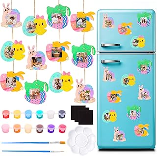 Novabright 39 Pcs Easter Craft Kit, DIY Magnetic Photo Frame Set, Bunny & Egg Wooden Painting Crafts with Magnetic Stickers, Paints and Brushes for Easter Party Favors, Fridge Decoration,Family Craft